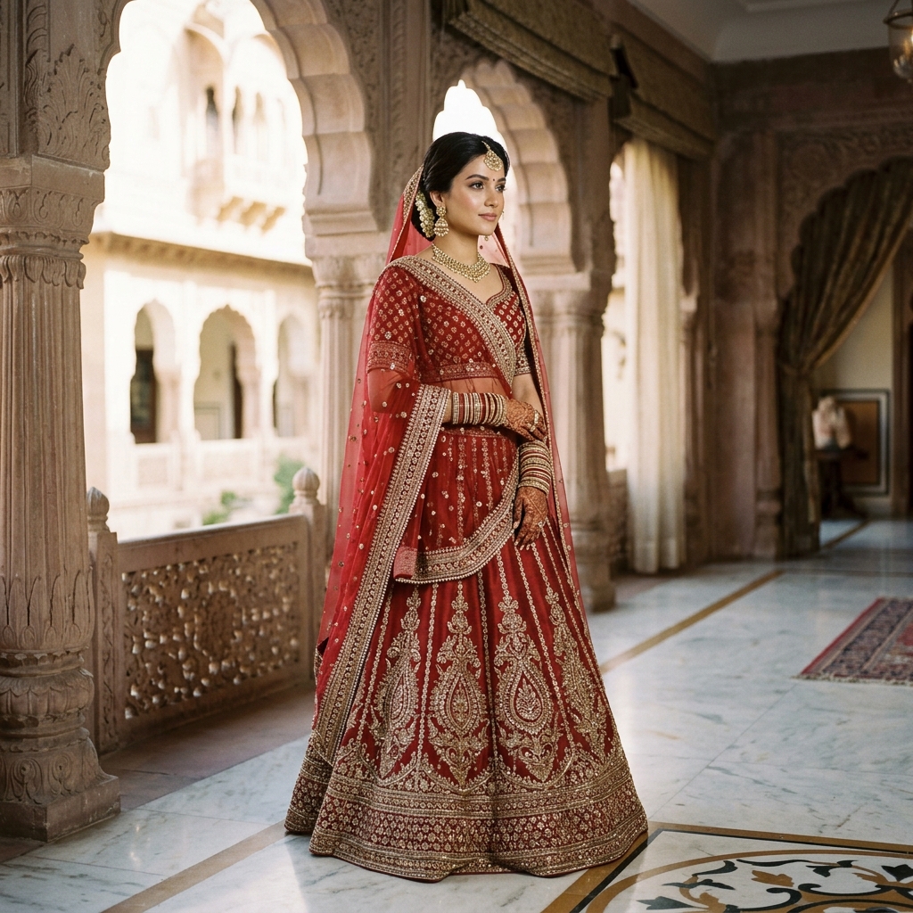 Premium editorial fashion photography, Indian female model wearing a breathtaking bridal lehenga with intricate zardozi embroidery