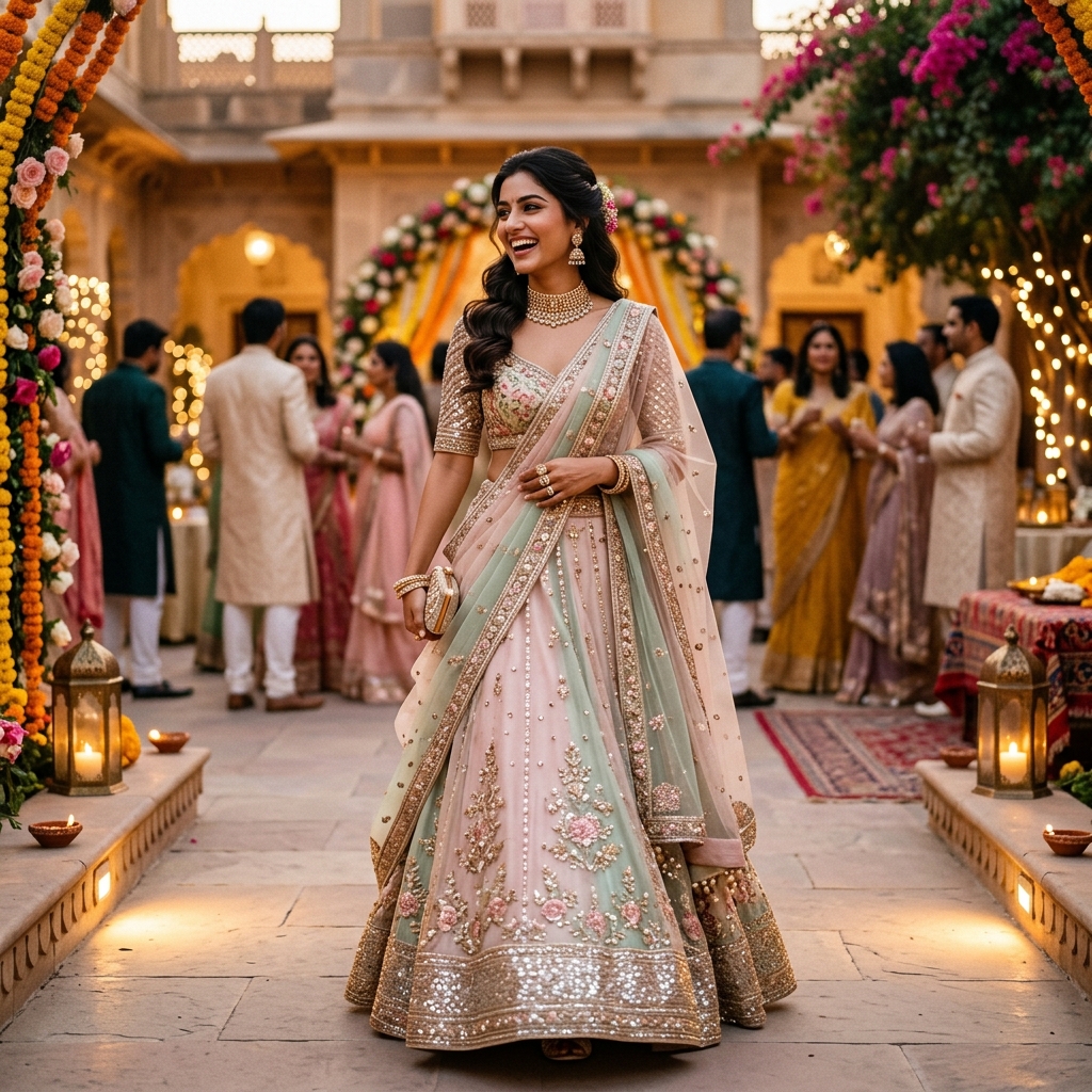 High-fashion lifestyle photography, Indian female model wearing a modern pastel designer lehenga with elegant sequin work